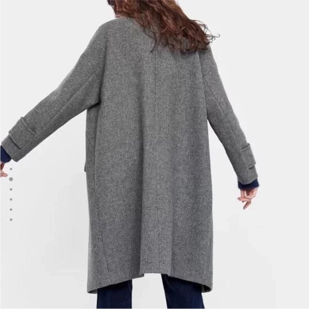 ZARA Wool Blend Grey Trench Coat Button Down  High Neck Jacket Minimalist Chic - Picture 3 of 8